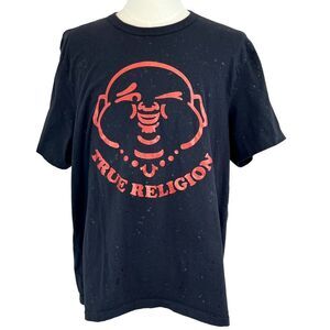 TRUE RELIGION Black Splatter Buddha‎ Wink Graphic T Shirt Sz 3XL Y2K AOP Retro